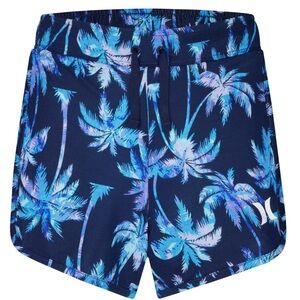 Hurley Navy Blue Palm-Print Athletic Shorts with Aqua Accents